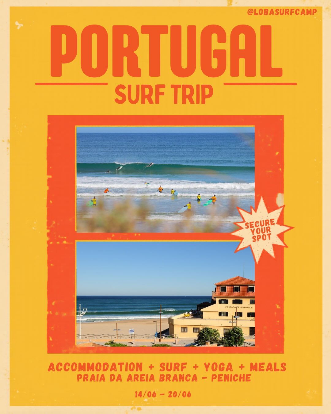 🌊☀️ PORTUGAL SURF TRIP 🇵🇹
Sun, perfect waves, and days that start in the ocean and end with golden sunsets.
From June 14th – June 20th, join us for an unforgettable experience at Praia da Areia Branca – Peniche 🤍
What’s included:
🏡 Accommodation
🏄 5 surf lessons
🧘♀️ Yoga
🛹 Surf skate
🍽️ Meals
✨ Activities & workshops
If you’ve always dreamed about a surf trip in Portugal, this is your moment 🌊🔥
🔗 Check the link in our bio to book your spot.
📲 Send us a DM on Instagram or message us on WhatsApp if you have any questions — we’ll be happy to help!
Limited spots available 👀💛
#PortugalSurfTrip #SurfCamp #Peniche #SurfPortugal #SurfLife