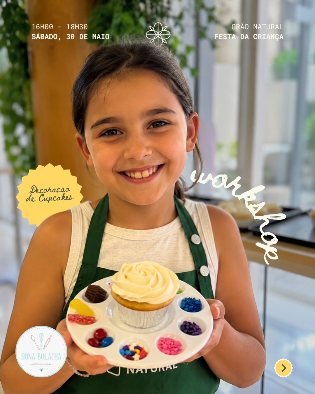 𝘽𝙧𝙞𝙣𝙘𝙖𝙧, 𝙋𝙖𝙧𝙩𝙞𝙡𝙝𝙖𝙧 𝙚 𝘼𝙟𝙪𝙙𝙖𝙧 • No próximo dia 30 de maio, convidamos todas as crianças e famílias para uma tarde especial cheia de diversão, criatividade e solidariedade. 💚🤩
🧁 Workshop de decoração de cupcakes com a @donabolacha
🎵 Sessão de música para crianças e famílias com a @melodiiartee | Ana Clara Ferreira
🏰 Insufláveis para saltar, brincar e criar memórias felizes
Por apenas 5€, participas numa tarde inesquecível e contribuis para uma causa que faz a diferença. Todo o valor das inscrições reverte a favor da Associação Abraço da Ternura, que apoia crianças e jovens com deficiência e incapacidade. 💚
📅 30 de maio
⏰ 16h00 às 18h30
📍 Grão Natural
As vagas são limitadas! Envia-nos mensagem para garantir a tua inscrição ☎️ 935 811 584 ✨
#graonatural #brincarpartilhareajudar #festadacrianca #arcosdevaldevez famili