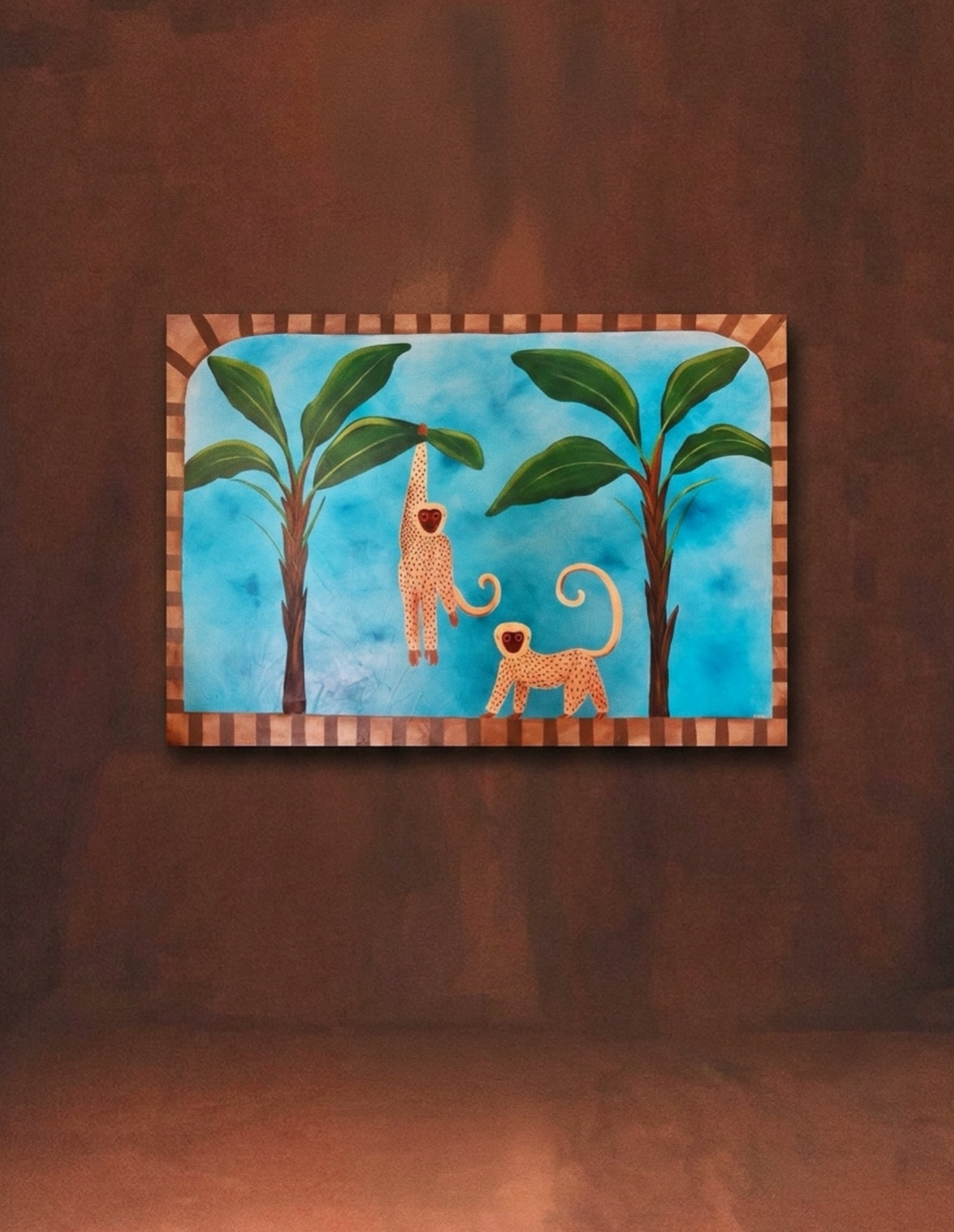 Contacto 4 Um céu azul que ilumina toda a sala e traços simples com as cores da natureza, recriando uma cena que imagino acontecer naqueles paraísos que não vemos por estarem tão longe de nós. E ali surgem estes macacos com olhos cor de sol, que não pertencem a nenhuma espécie em particular. Podem ser uma mistura de muitos ou de nenhum…são, simplesmente e especialmente, macacos que nascem do meu coração para a tela, familiares dos meus outros macacos que habitam o universo da MONA. 🩵🐒